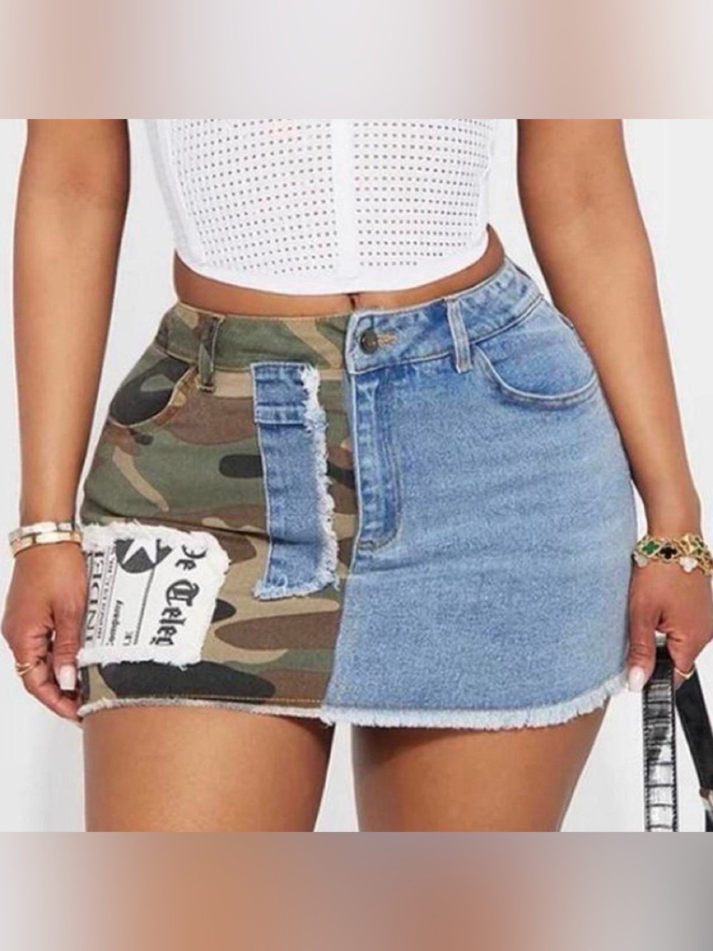 Fashion Nova Denim & Camo Patchwork Mini Skirt - Blue/Camo